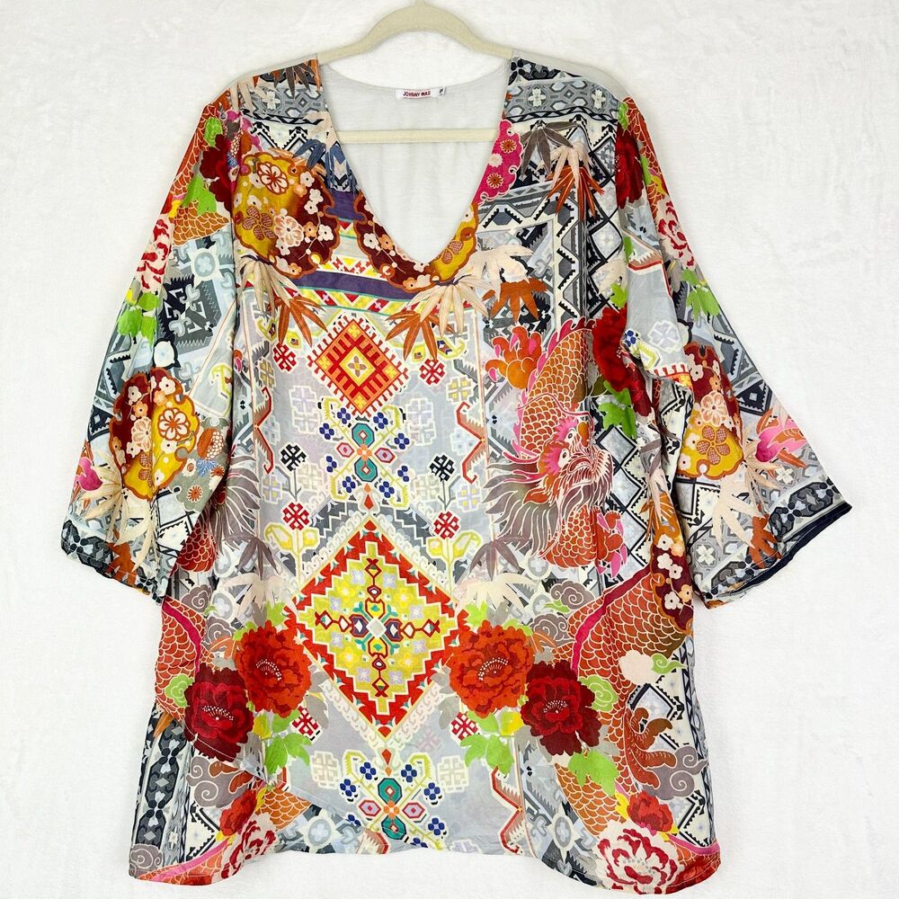 Johnny Was Dragon Floral Silk Tunic Top Size 1X V-Neck Asian 3/4 Sleeve Artsy